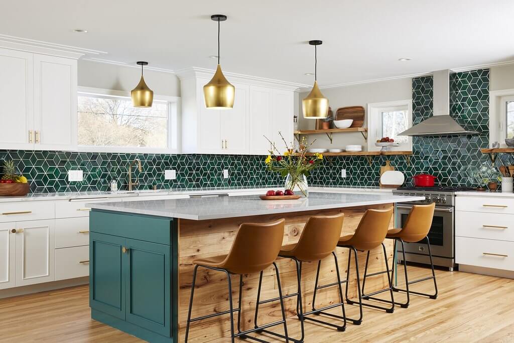 Green glass tile kitchen backsplash