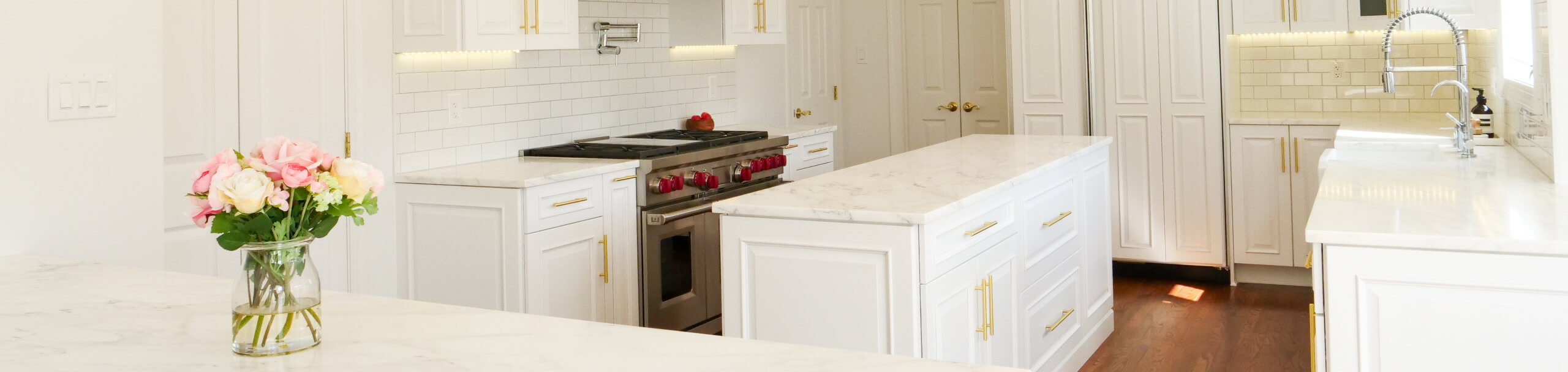 Marble white counters in newly remodeled kitchen