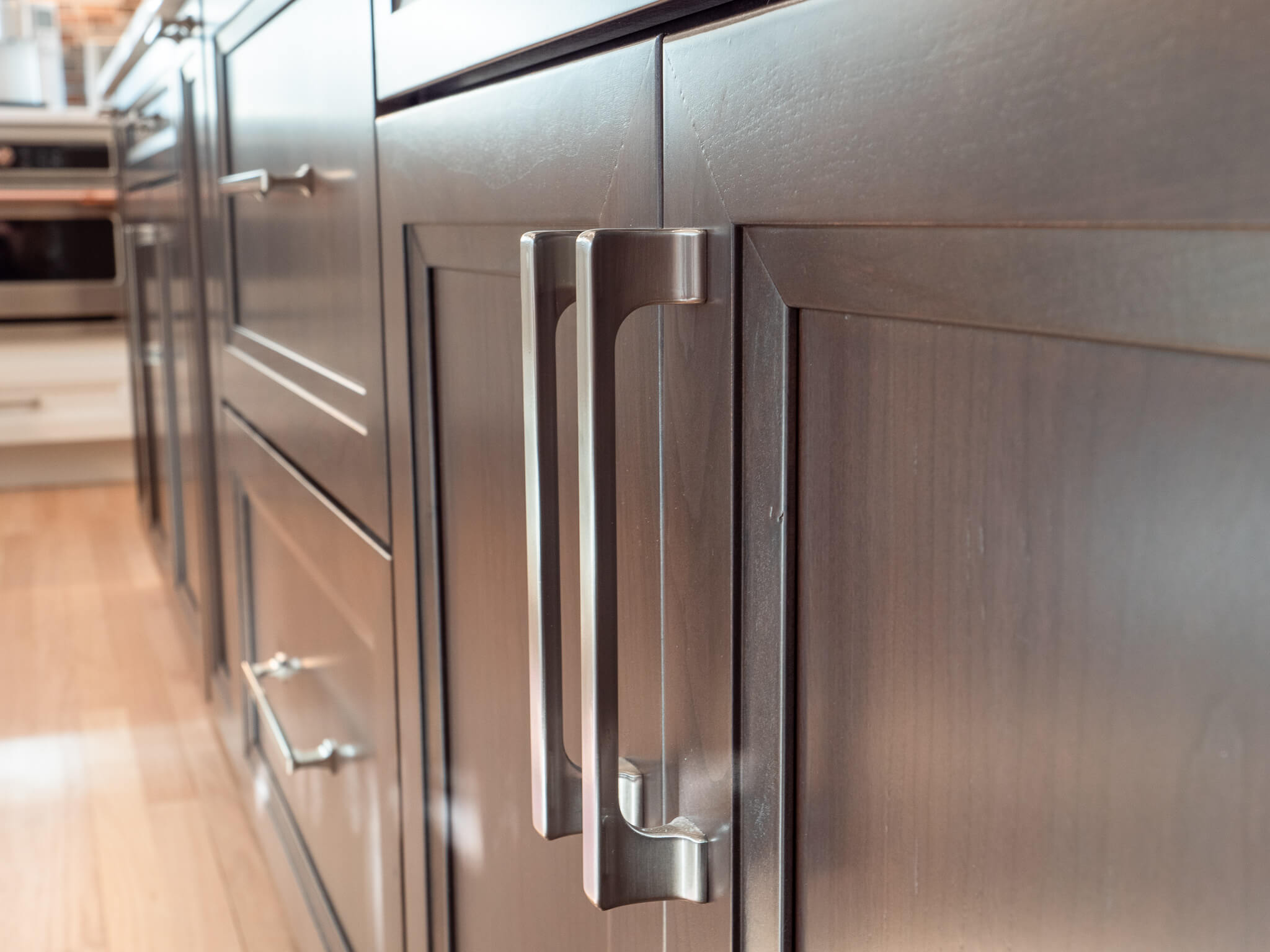 close up view of the dark cabinets