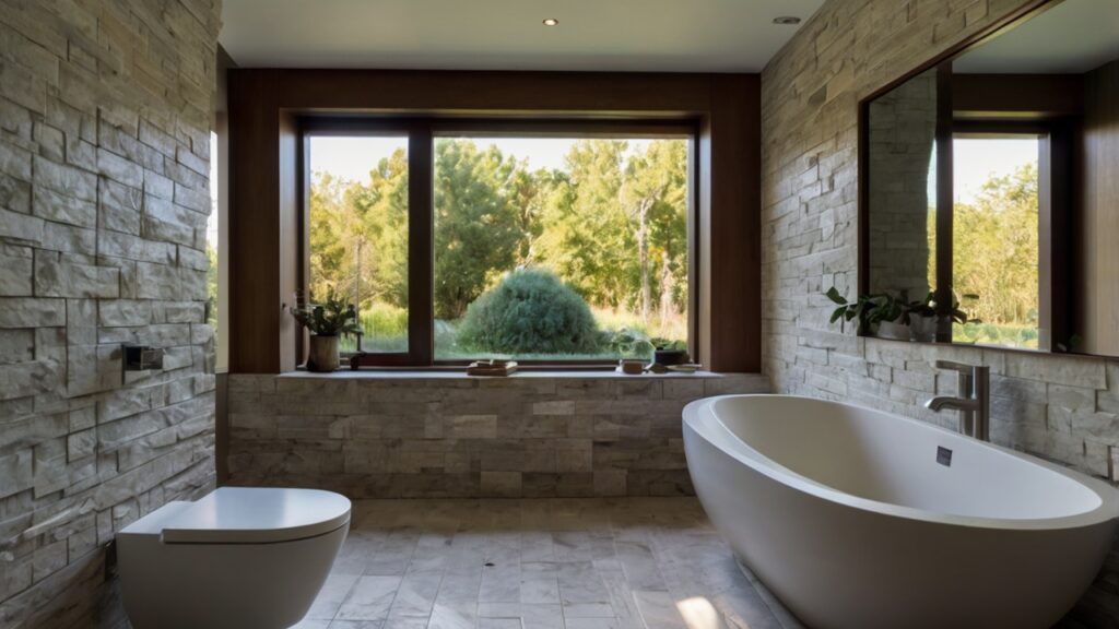 bathroom design featuring a small window with a view