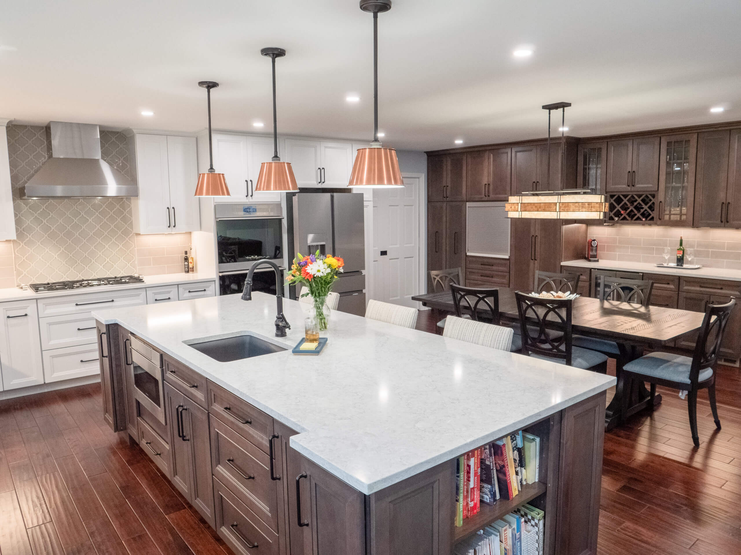 Large kitchen island with marble countertop