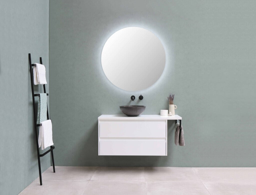 floating bathroom vanity with backlit mirrors