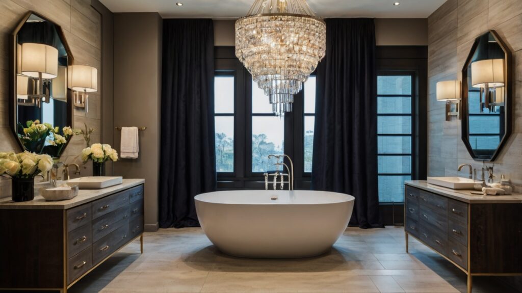 bathroom design featuring a statement chandelier