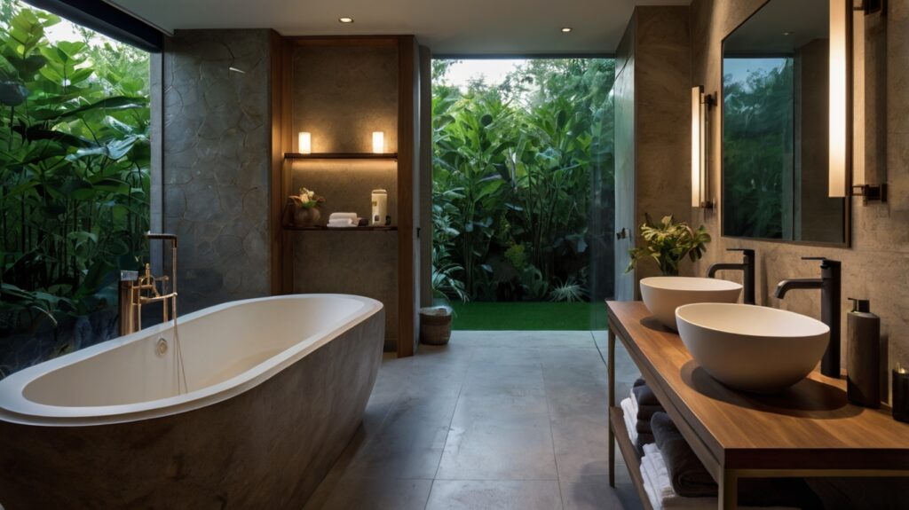 contemporary bathroom design featuring nature-inspired lighting