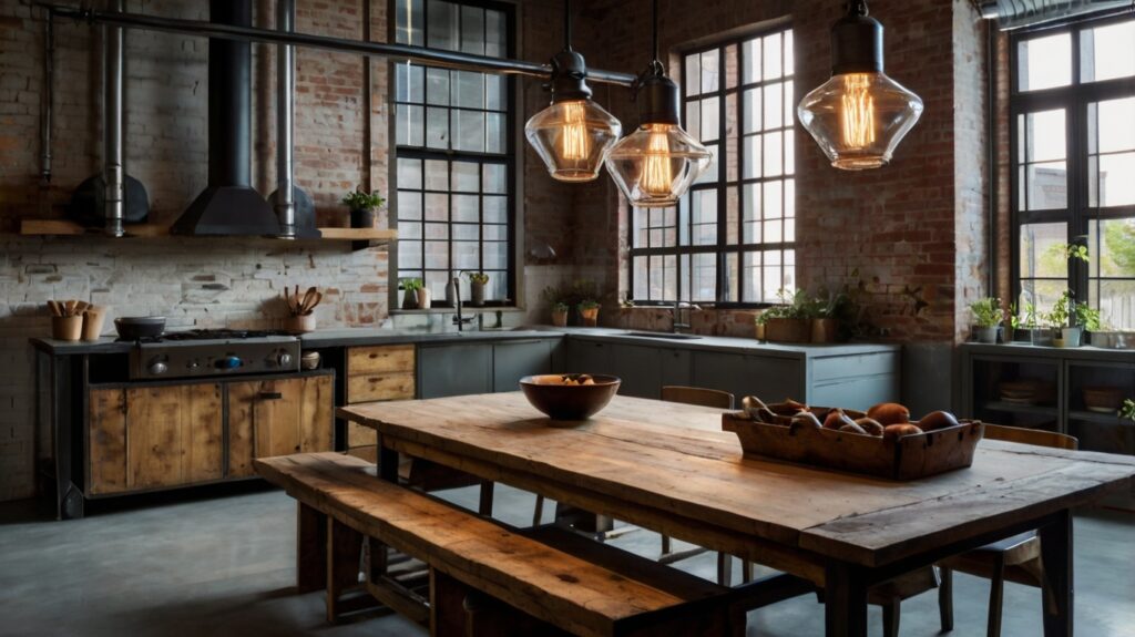 industrial chic kitchen design featuring exposed bulbs