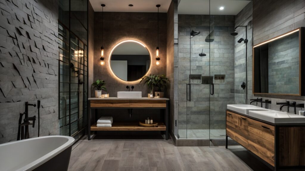 industrial-style bathroom design featuring efficient lighting