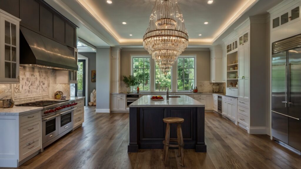 kitchen design featuring a statement chandelier