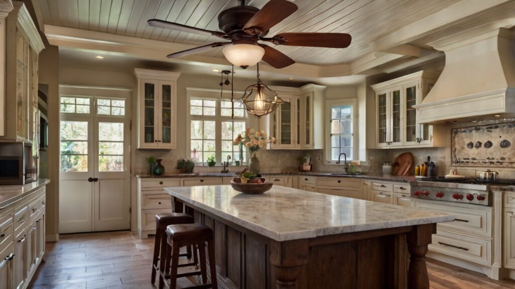 kitchen design featuring a vintage ceiling fan with lights