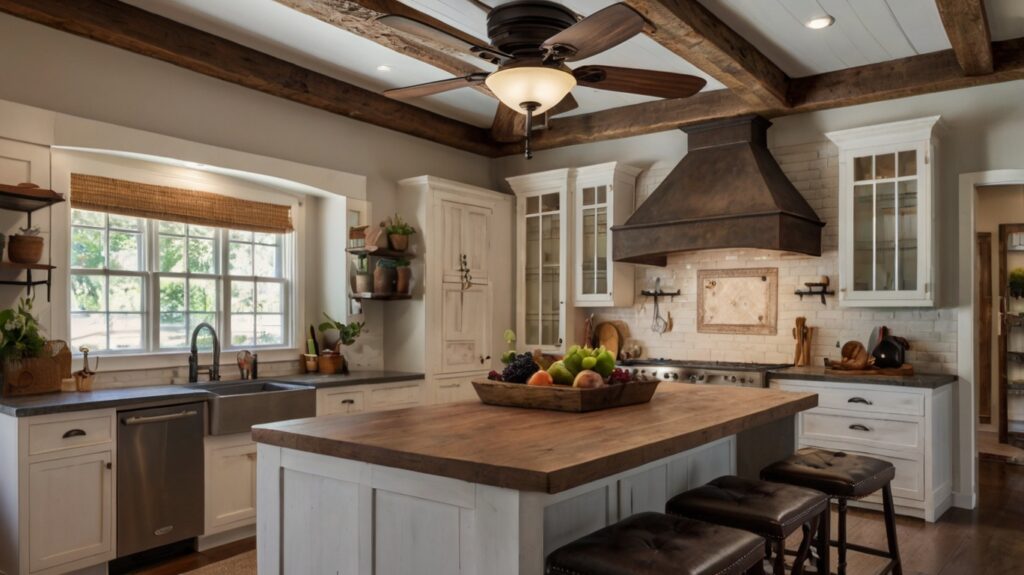 kitchen design featuring rustic charm ceiling fan with lights