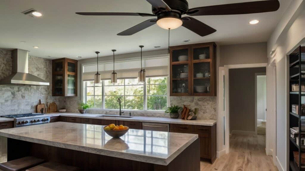kitchen design featuring sleek and modern ceiling fan with lights