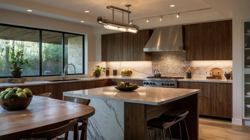 kitchen design featuring track lighting