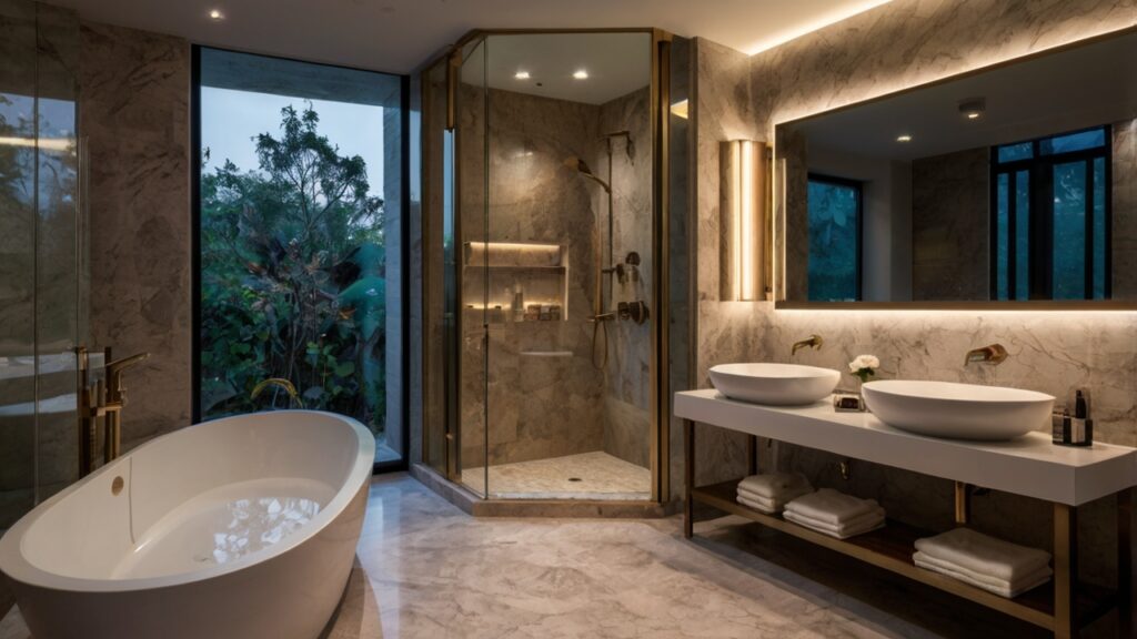 luxurious bathroom design featuring task lighting and ambient mood lighting