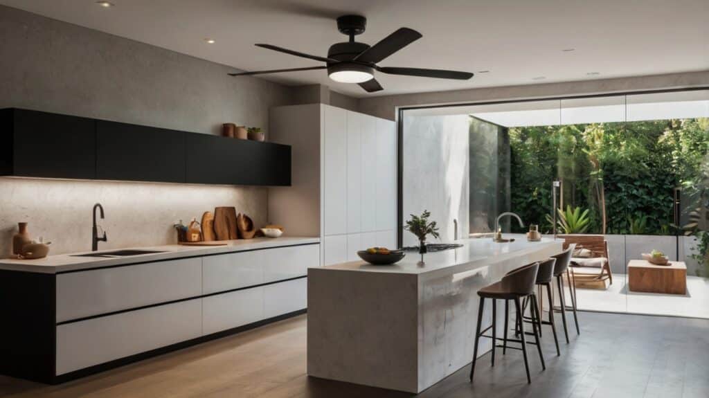 minimalist kitchen featuring a smart ceiling fan with lights