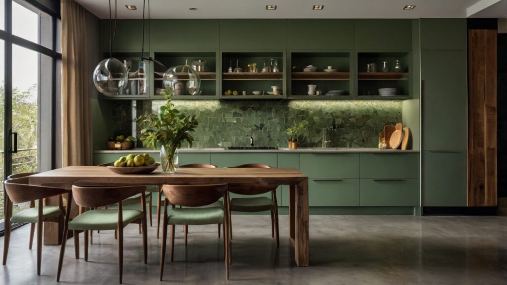 sleek kitchen design in an earthy green color scheme