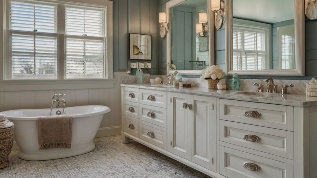 coastal bathroom cabinets featuring seashell knobs