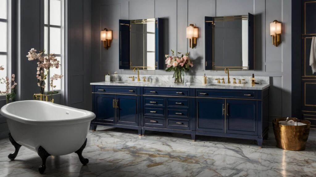 glamorous double bathroom vanity in a glossy navy finish