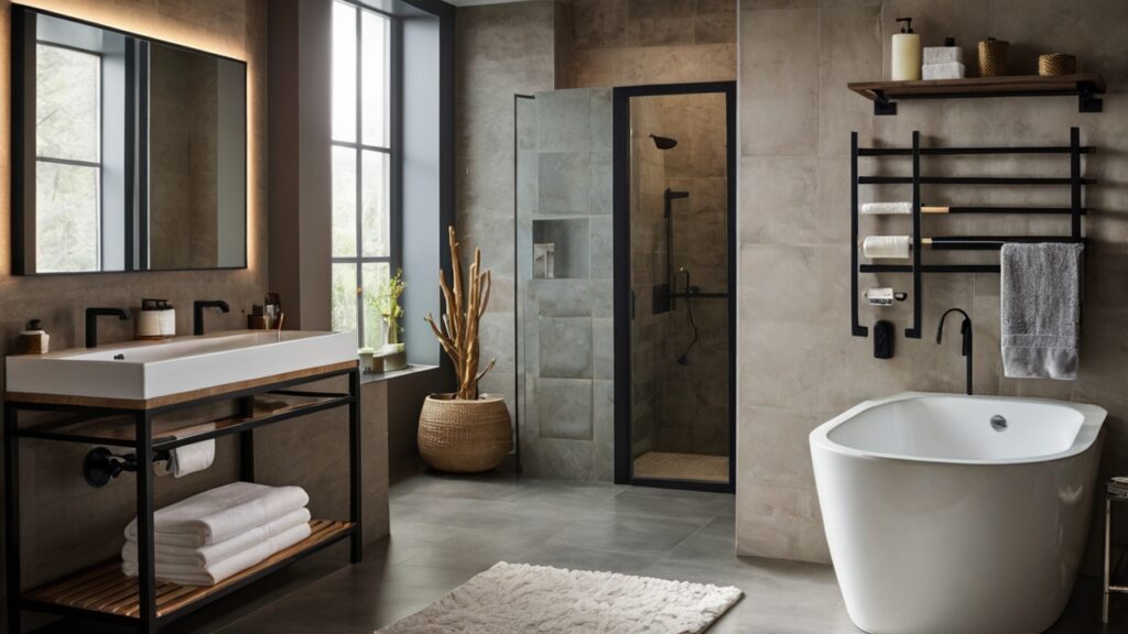 modern bathroom with Towel racks, hooks, and toilet paper holders