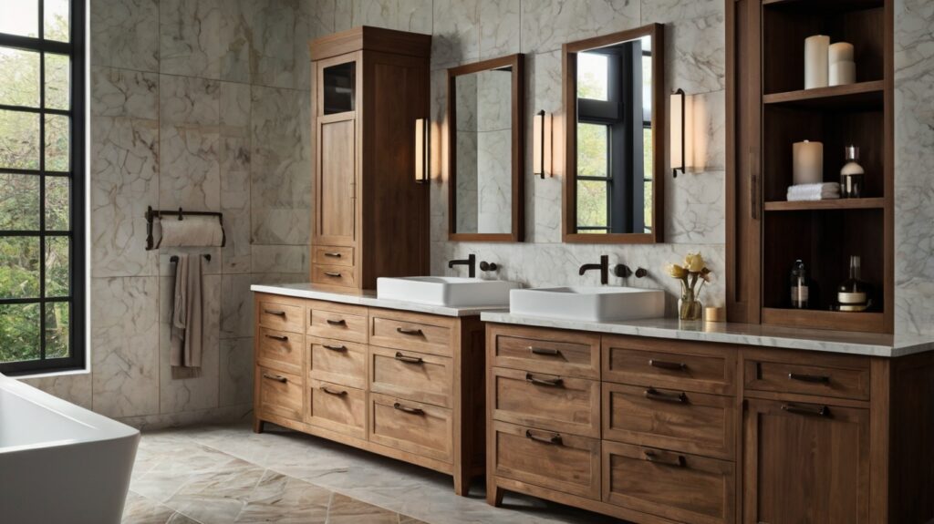 sleek bathroom cabinets featuring wooden knobs