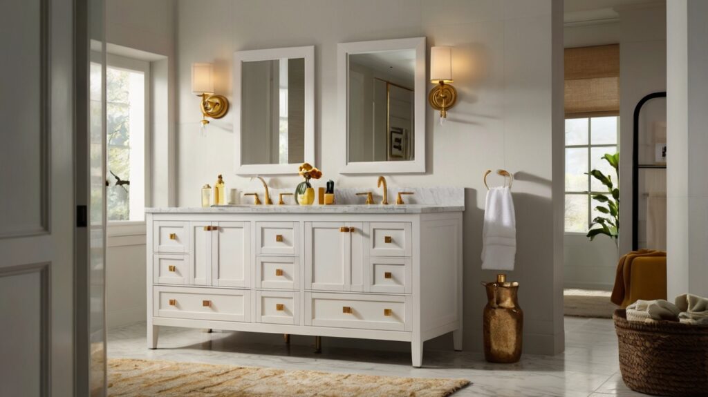 sleek white bathroom cabinets featuring big knobs in sunny yellow color