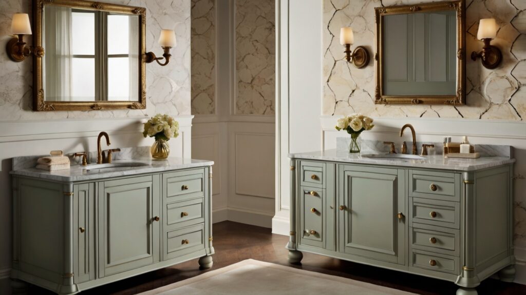 vintage-inspired bathroom cabinets featuring antique brass knobs