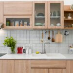 Wooden kitchen cabinet with glass doors