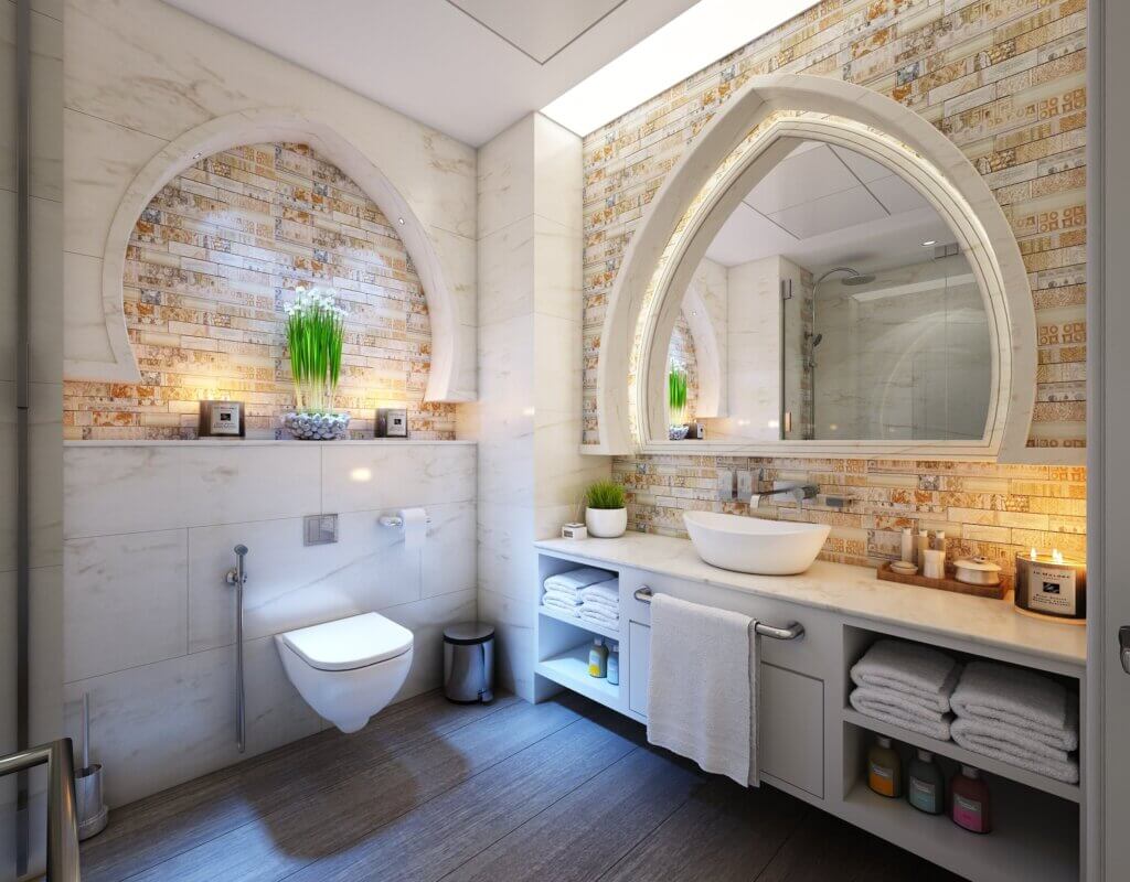 Modern bathroom with large mirror, mosaic tiles accent, and humidifier
