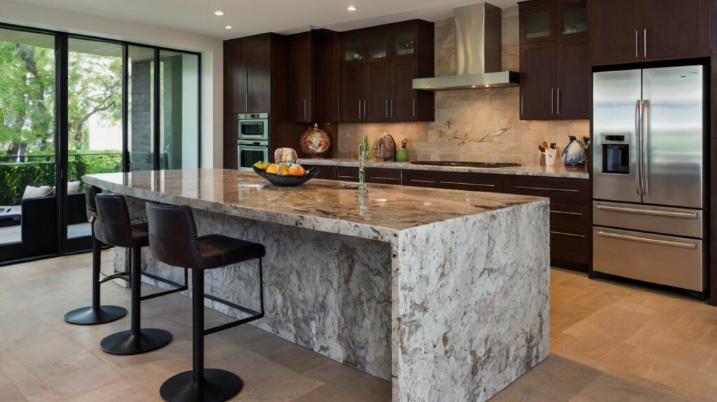 kitchen design featuring a granite island countertop with a waterfall edge
