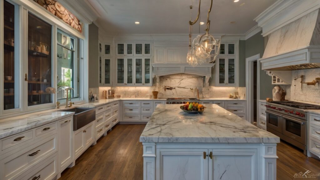 kitchen design featuring a marble slab island countertop
