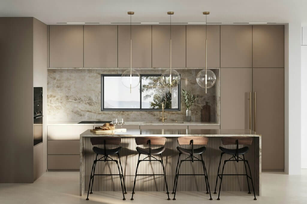 modern kitchen with neutral color scheme and kitchen cabinets and waterfall kitchen island 