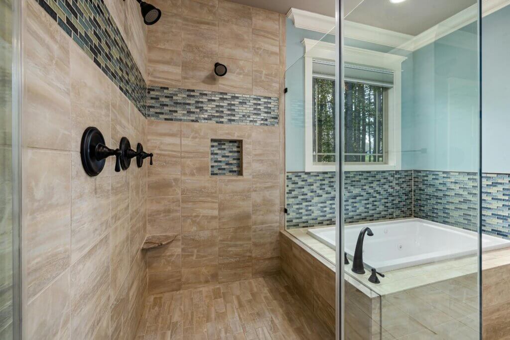 Modern bathroom design with glass and wood mosaic shower tiles