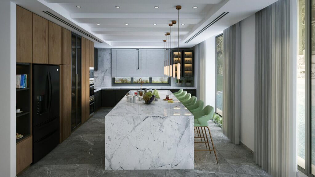large kitchen island in porcelain slab with marble look countertop