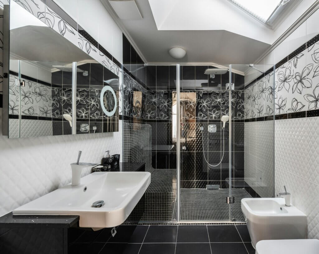 bold and graphic bathroom shower tiles