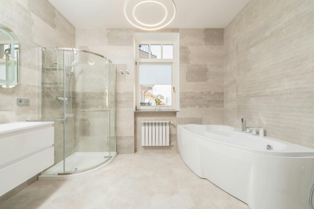 Minimalist neutral bathroom shower tiles