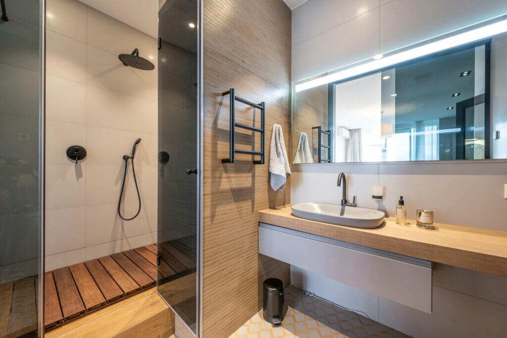 energy-efficient bathroom with low-flow fixtures and LED lighting
