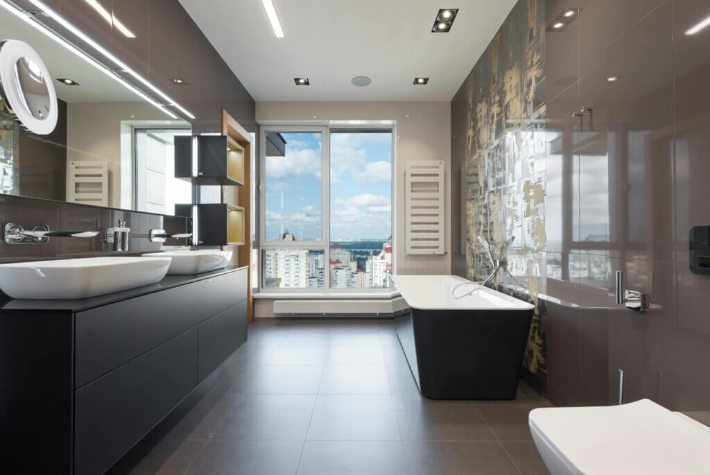 modern bathroom with open windows and big mirrors