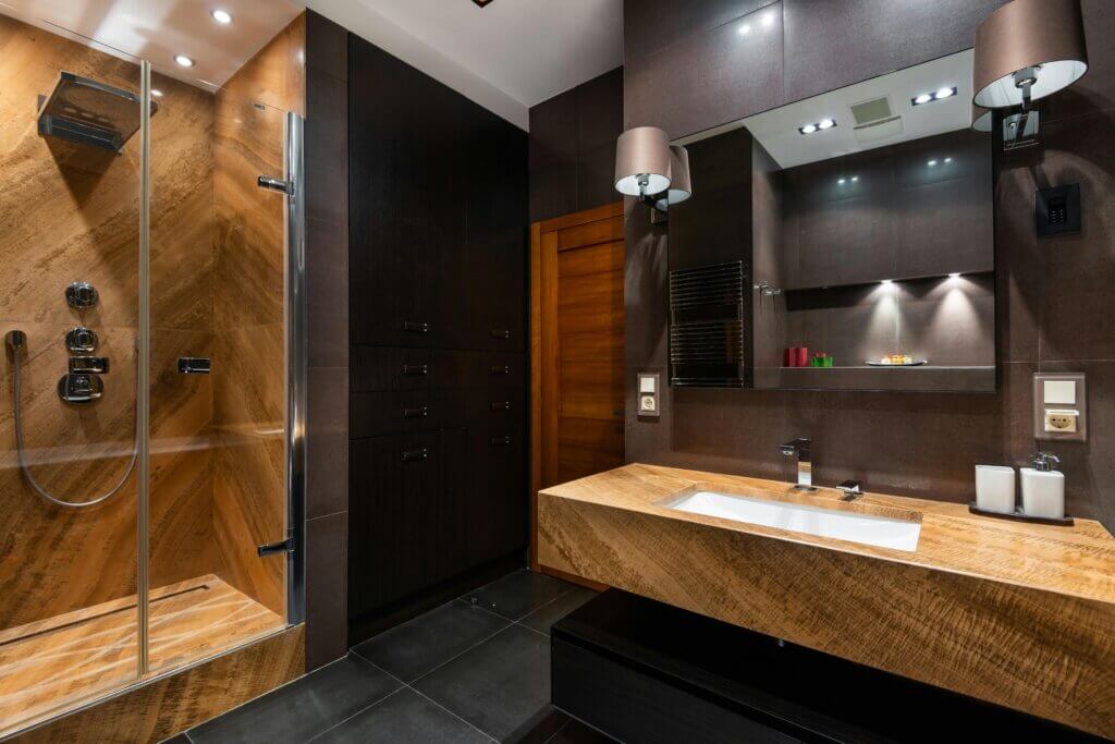 energy-efficient bathroom with LED lighting and proper shower insulation