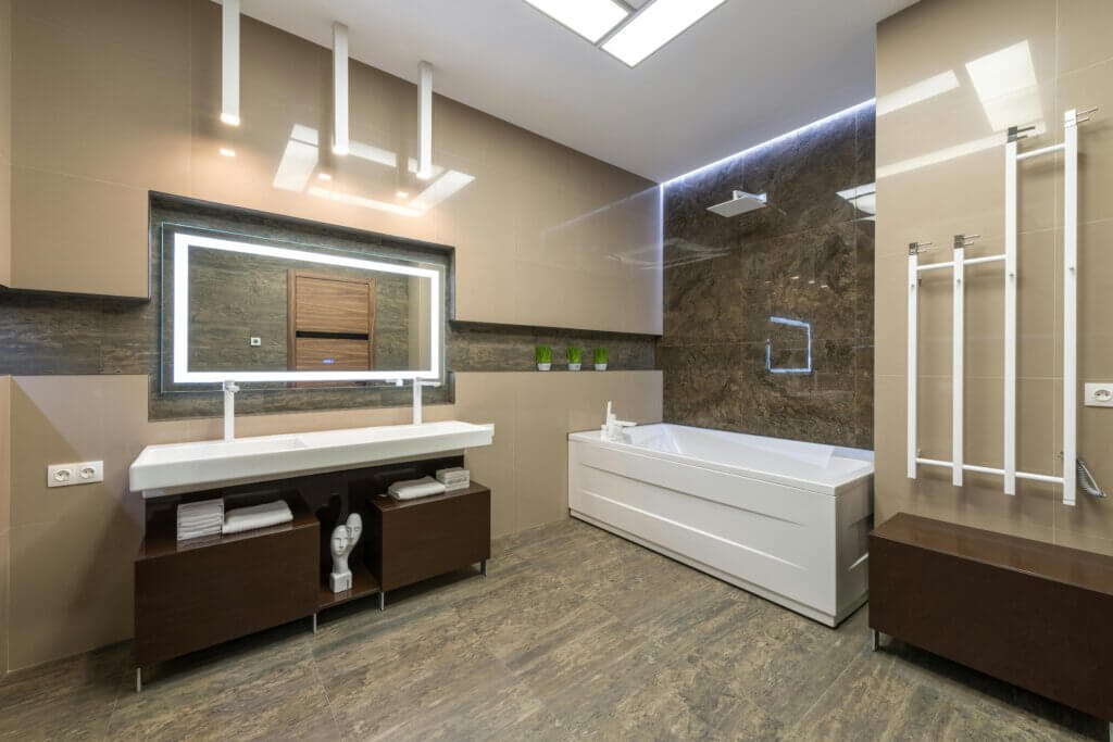 modern bathroom with LED lights and efficient fixtures