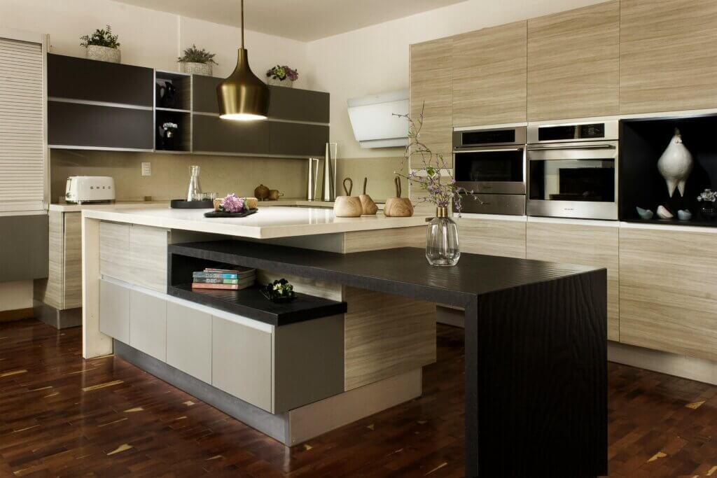 Modern kitchen with multilayer cabinet and storage solutions