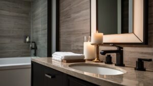 modern bathroom featuring a decorative candle on the countertop