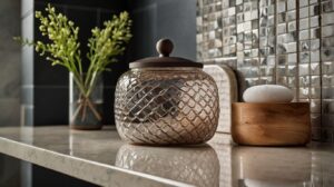 modern bathroom featuring a decorative storage jar on the countertop