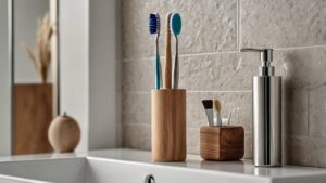 modern bathroom featuring a stylish toothbrush holder