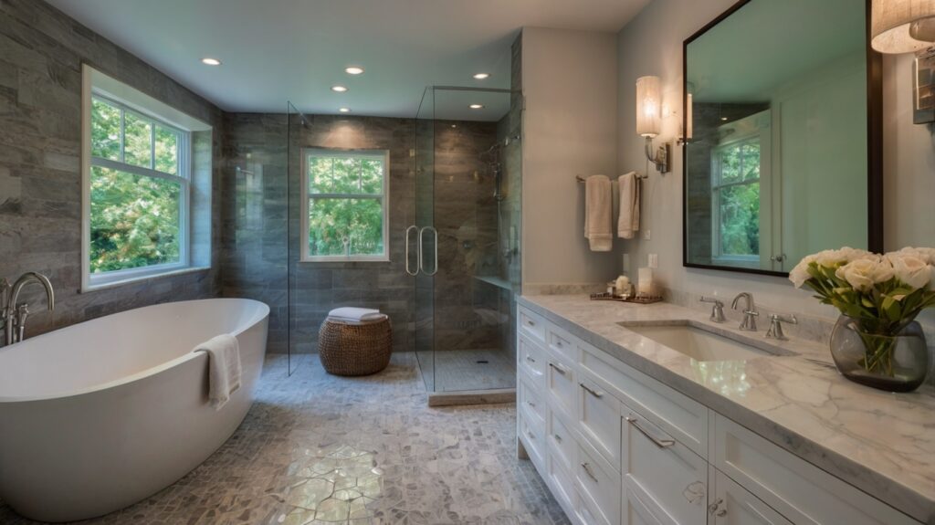 sleek bathroom design with Quartz countertops