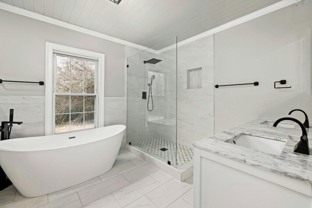 Classic bathroom with energy-efficient fixtures and free standing bath tub