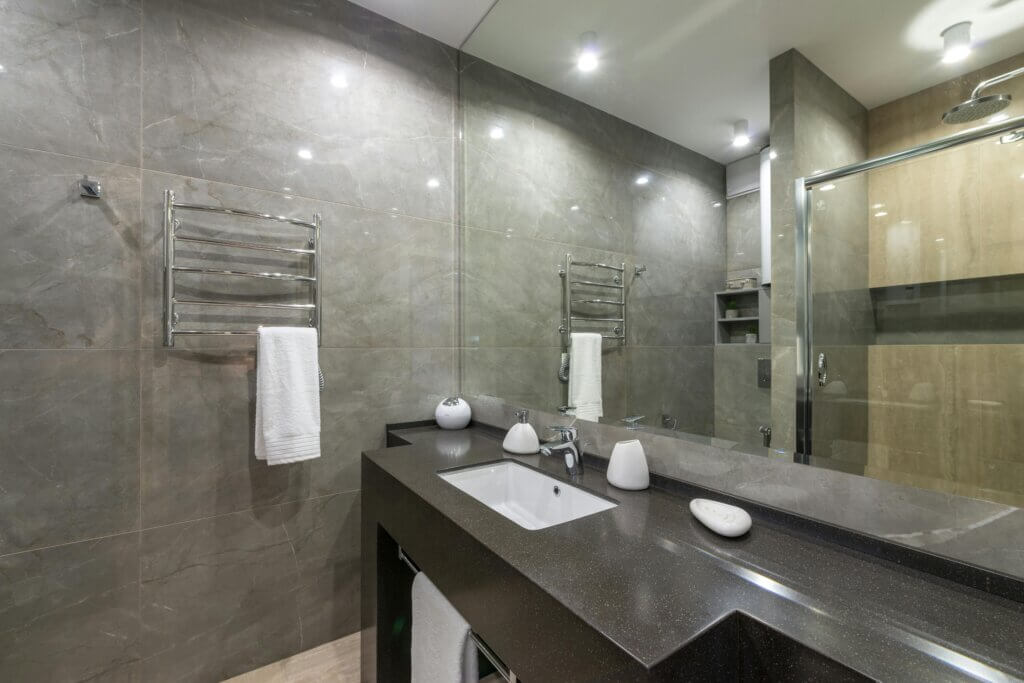 modern bathroom with quartz countertops