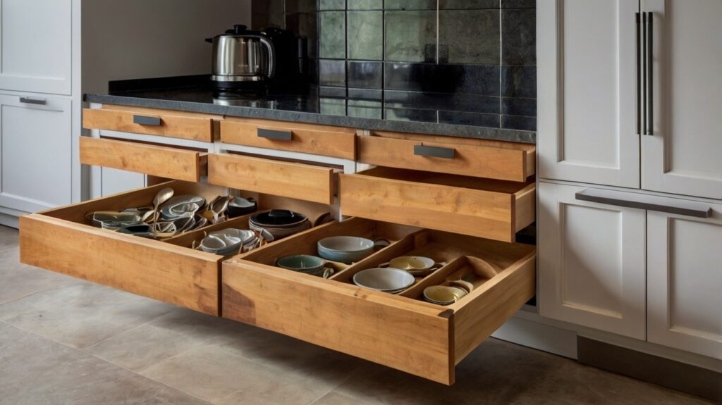 kitchen storage with toe-kick drawers