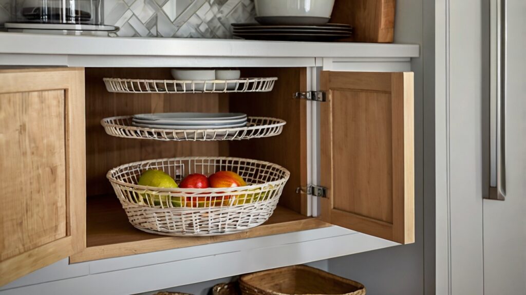 kitchen storage with under-shelf baskets