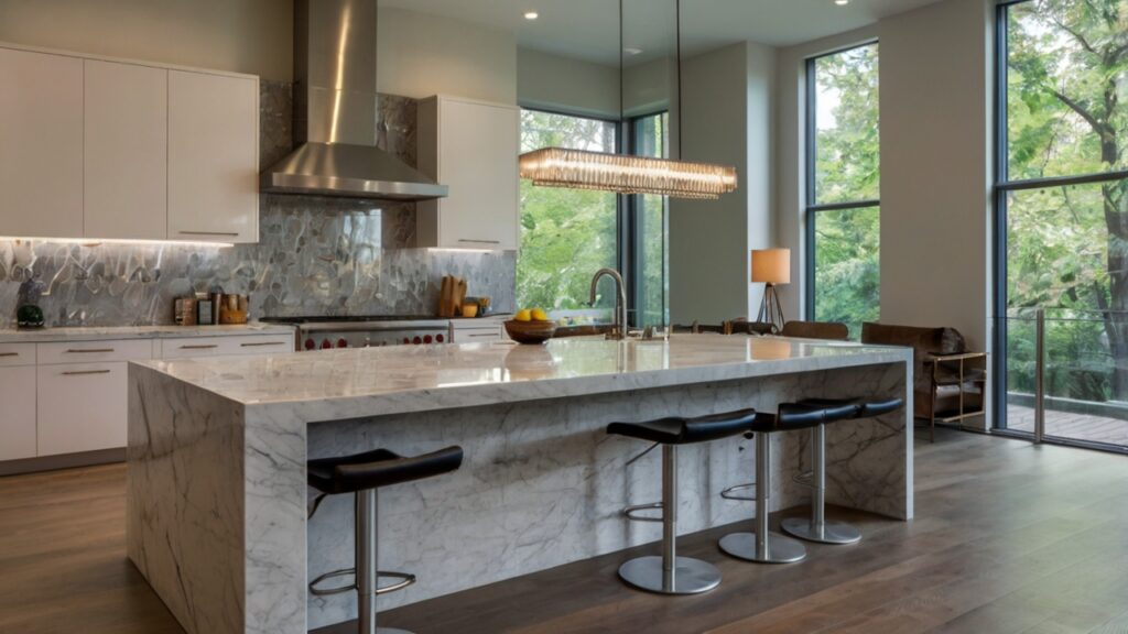 large kitchen island featuring a waterfall edge