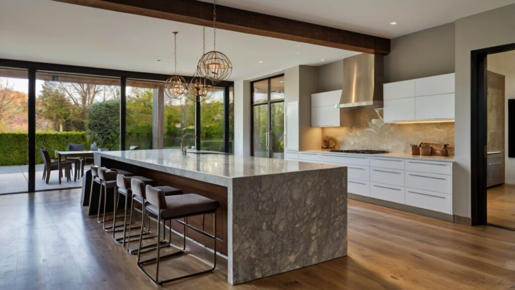 large kitchen island featuring integrated seating