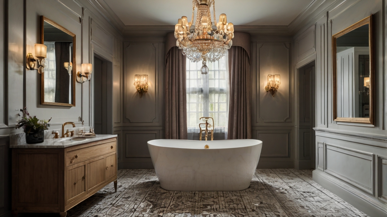 vintage bathroom featuring a statement chandelier