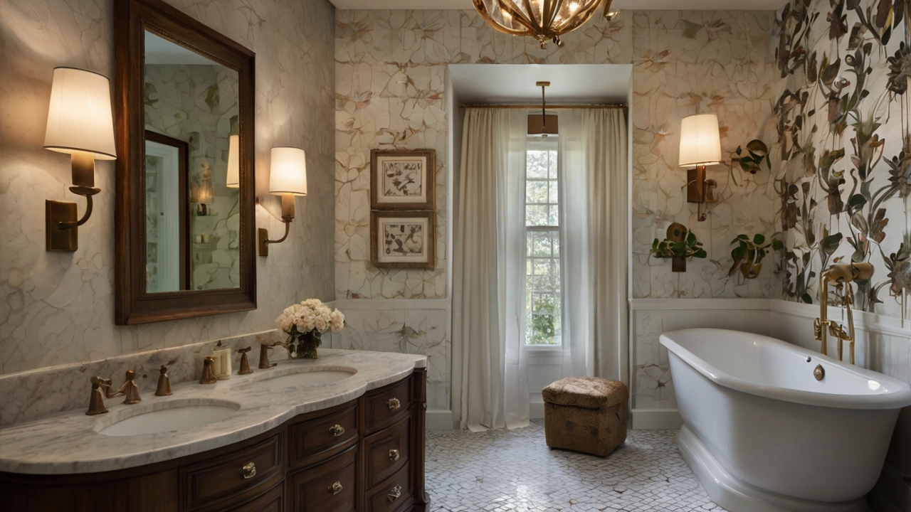 vintage bathroom featuring wall sconces